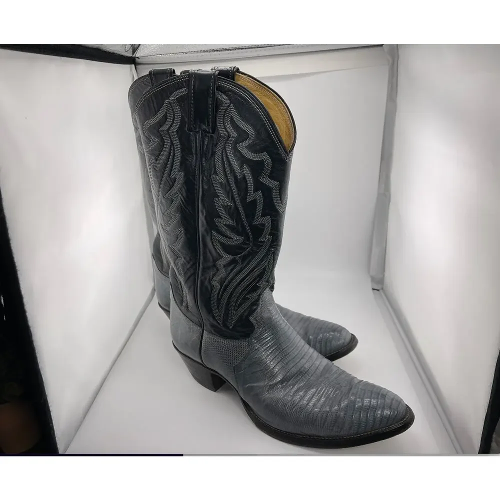 RARE Vintage Tecovas Justin Cowboy Boots Gray Lizard Skin‎ Grey 9D Style S 8357